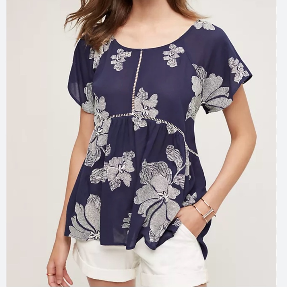 Anthropologie Ella Mara - Navy & White Blouse with Floral Print